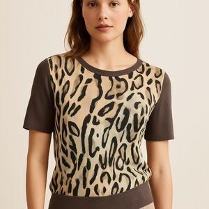 Juiceana colorblock leopard front sweater, wool/nylon, brown/blue Sz M/L